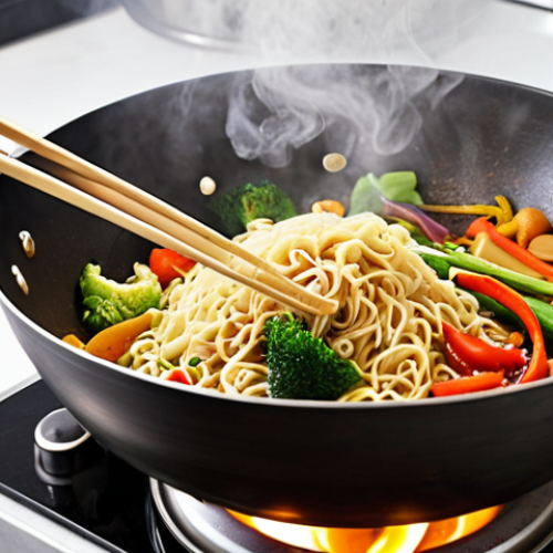 Home 11 **A vibrant, steaming wok scene:** Capture the action of stir-frying fresh vegetables and noodles in a well-used wok. Focus on the heat radiating from the wok, the motion of the ingredients being tossed, and the colorful array of vegetables. Include hands holding chopsticks or a spatula.