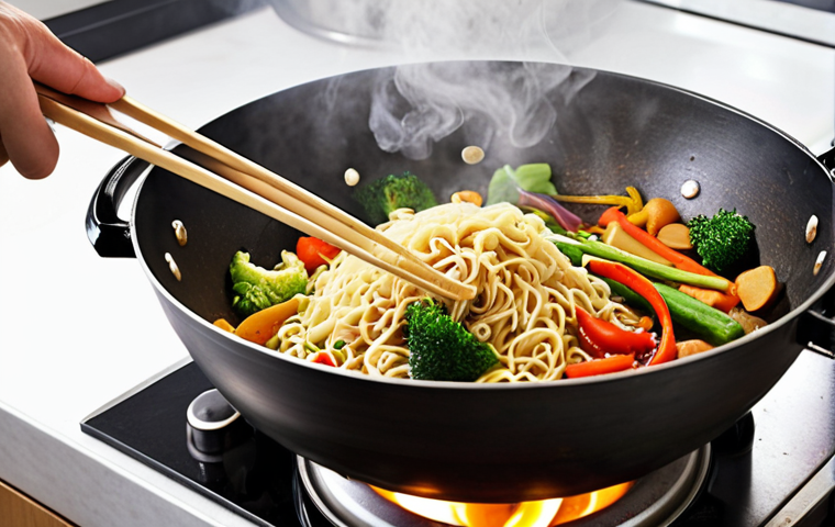 **A vibrant, steaming wok scene:** Capture the action of stir-frying fresh vegetables and noodles in a well-used wok. Focus on the heat radiating from the wok, the motion of the ingredients being tossed, and the colorful array of vegetables. Include hands holding chopsticks or a spatula.