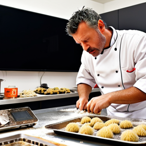 Home 6 **A chef sweating while trying to cook a dish with a challenging, unexpected ingredient like dried sea urchin, with TV cameras focused on them. The scene is set in a brightly lit studio kitchen.** (Focus: Challenges that chefs face on cooking shows.)