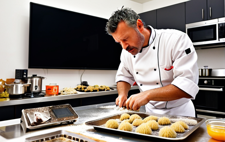 **A chef sweating while trying to cook a dish with a challenging, unexpected ingredient like dried sea urchin, with TV cameras focused on them. The scene is set in a brightly lit studio kitchen.** (Focus: Challenges that chefs face on cooking shows.)