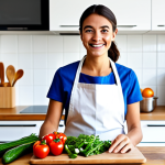 A home cook, appearing friendly and engaged, wearing a modest apron over professional everyday clothing, standing in a brightly lit, modern kitchen. The cook is looking at a tablet resting on a clean wooden countertop, displaying an active online culinary forum or video tutorial. Fresh, high-quality vegetables and herbs are neatly arranged beside a mixing bowl, suggesting preparation for a new recipe. The overall scene conveys learning, exploration, and community support in a safe for work, appropriate content, fully clothed, family-friendly setting with perfect anatomy, correct proportions, natural pose, well-formed hands, proper finger count, and natural body proportions.