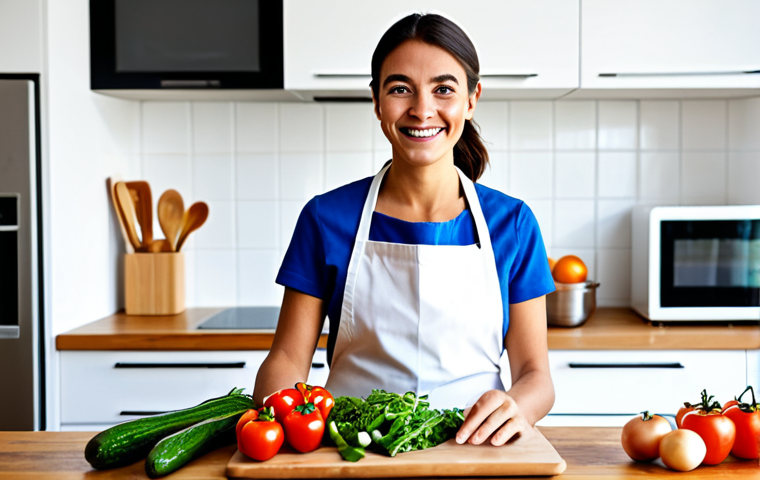 A home cook, appearing friendly and engaged, wearing a modest apron over professional everyday clothing, standing in a brightly lit, modern kitchen. The cook is looking at a tablet resting on a clean wooden countertop, displaying an active online culinary forum or video tutorial. Fresh, high-quality vegetables and herbs are neatly arranged beside a mixing bowl, suggesting preparation for a new recipe. The overall scene conveys learning, exploration, and community support in a safe for work, appropriate content, fully clothed, family-friendly setting with perfect anatomy, correct proportions, natural pose, well-formed hands, proper finger count, and natural body proportions.