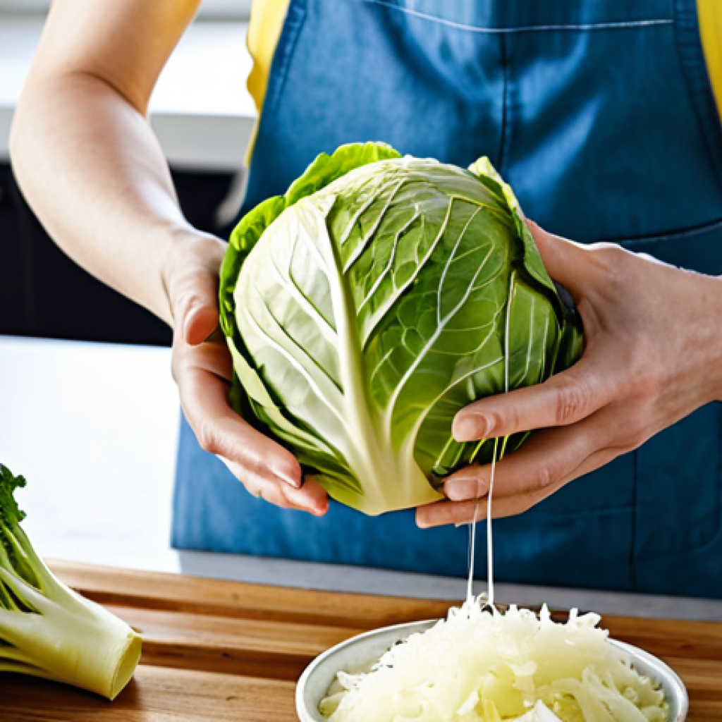 A person with well-formed hands, fully clothed in modest, professional attire, carefully preparing fresh cabbage for fermentation. The hands are gently massaging shredded cabbage with salt in a clean, large ceramic bowl. In the background, a bright, modern kitchen with natural light streaming in, showing neatly arranged glass jars ready for the process. The focus is on the detailed texture of the cabbage and the hands' movements. Perfect anatomy, correct proportions, natural pose, proper finger count, natural body proportions, professional photography, high quality, safe for work, appropriate content, family-friendly.