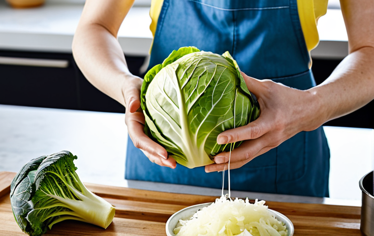 A person with well-formed hands, fully clothed in modest, professional attire, carefully preparing fresh cabbage for fermentation. The hands are gently massaging shredded cabbage with salt in a clean, large ceramic bowl. In the background, a bright, modern kitchen with natural light streaming in, showing neatly arranged glass jars ready for the process. The focus is on the detailed texture of the cabbage and the hands' movements. Perfect anatomy, correct proportions, natural pose, proper finger count, natural body proportions, professional photography, high quality, safe for work, appropriate content, family-friendly.