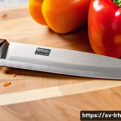 요리 기법을 배우기 위한 필수 툴들 - A close-up, high-angle shot of a gleaming, professional chef's knife with a polished wooden handle, ...