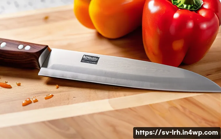 요리 기법을 배우기 위한 필수 툴들 - A close-up, high-angle shot of a gleaming, professional chef's knife with a polished wooden handle, ...