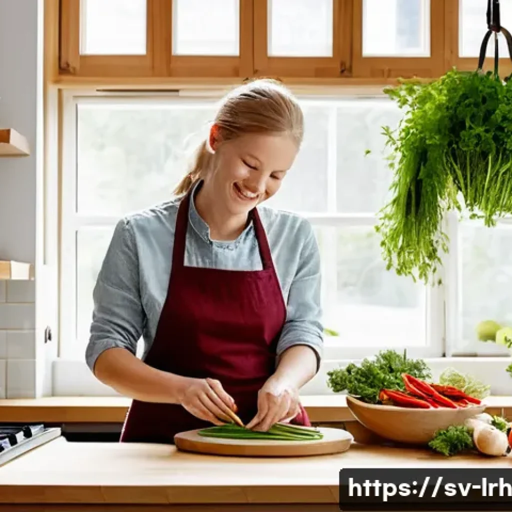 요리 기법 여행  나만의 레시피 만들기 - **Prompt:** A vibrant, well-lit modern Scandinavian-style kitchen, where a cheerful young woman (lat...