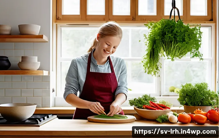 요리 기법 여행  나만의 레시피 만들기 - **Prompt:** A vibrant, well-lit modern Scandinavian-style kitchen, where a cheerful young woman (lat...
