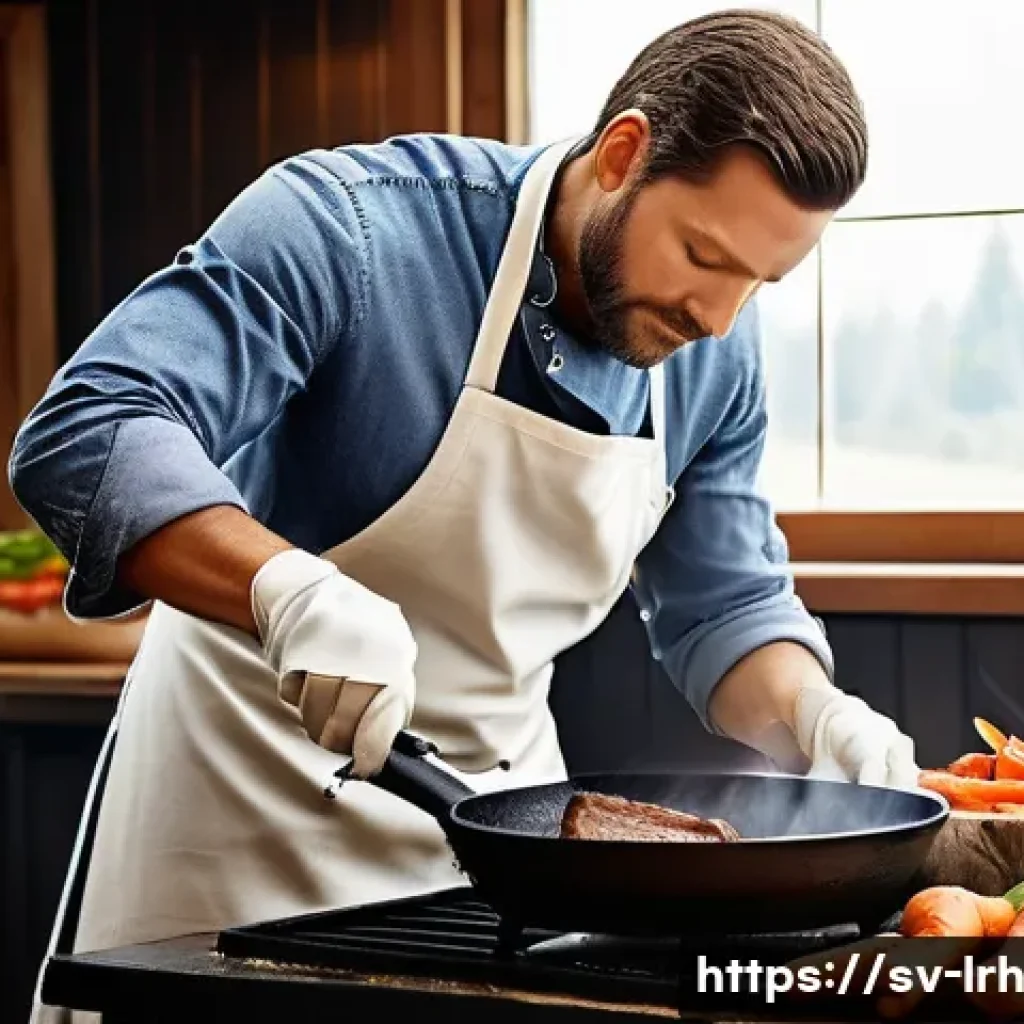 요리 기법 체험 후의 요리 철학 확립 - A detailed kitchen scene showcasing the contrast between high-heat searing and slow cooking: a profe...