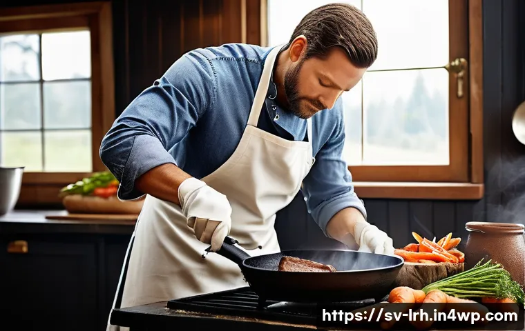 요리 기법 체험 후의 요리 철학 확립 - A detailed kitchen scene showcasing the contrast between high-heat searing and slow cooking: a profe...