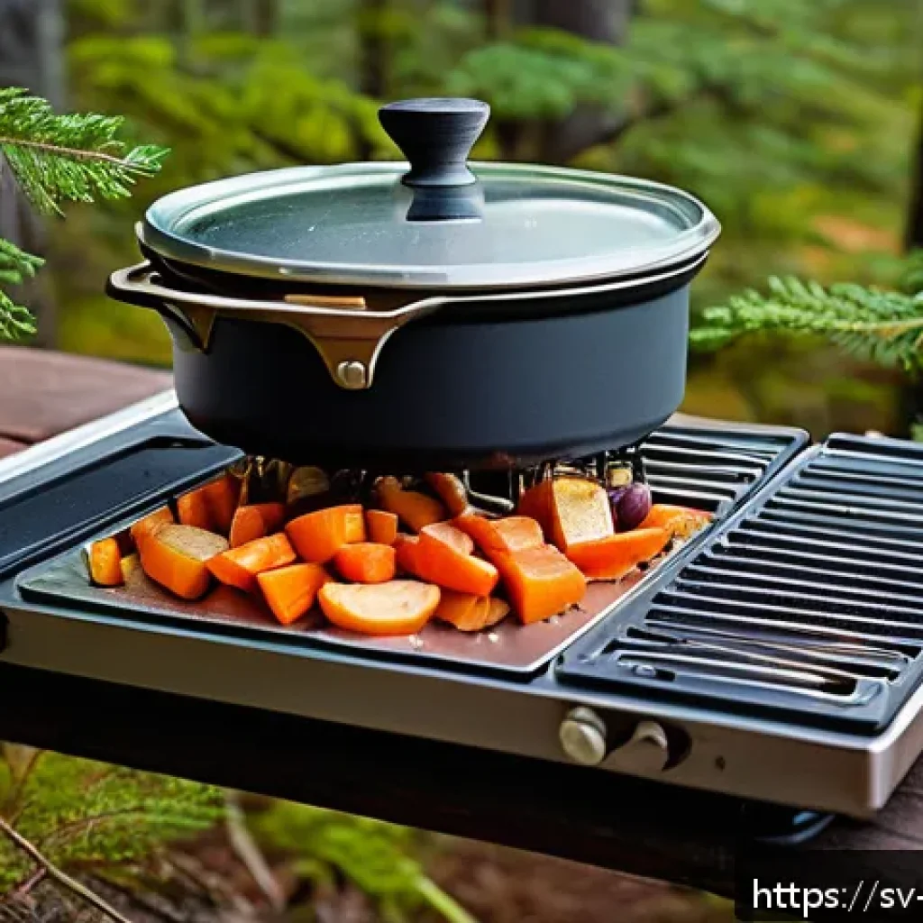 여행 중 요리 기법  혼자서 배우는 법 - A compact travel cooking setup on a rustic wooden picnic table outdoors in a Swedish forest during d...