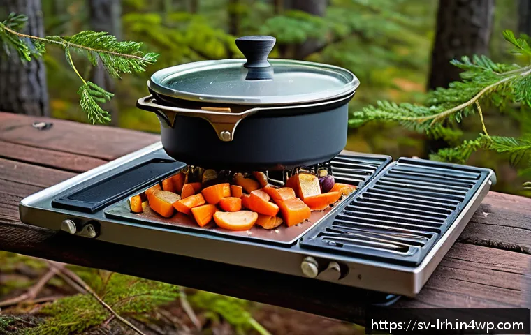 여행 중 요리 기법 혼자서 배우는 법 - A compact travel cooking setup on a rustic wooden picnic table outdoors in a Swedish forest during d...