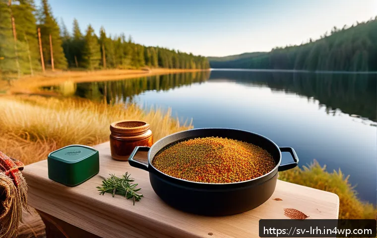 여행 중의 요리 기법  풍미의 탐구 - A cozy outdoor camping scene in a Swedish forest during early autumn, featuring a small campfire wit...