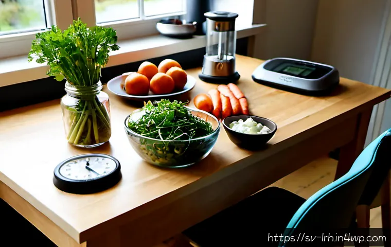Home 30 요리 기법 여행 시간 관리 팁 - Photorealistic Swedish home kitchen at early morning, organized meal-prep workflow for a busy travel...