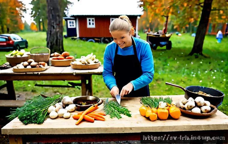 Home 17 로컬 마켓에서 배우는 요리 기법 - Photorealistic Swedish local farmers’ market cooking lesson, an experienced home cook selecting fres...